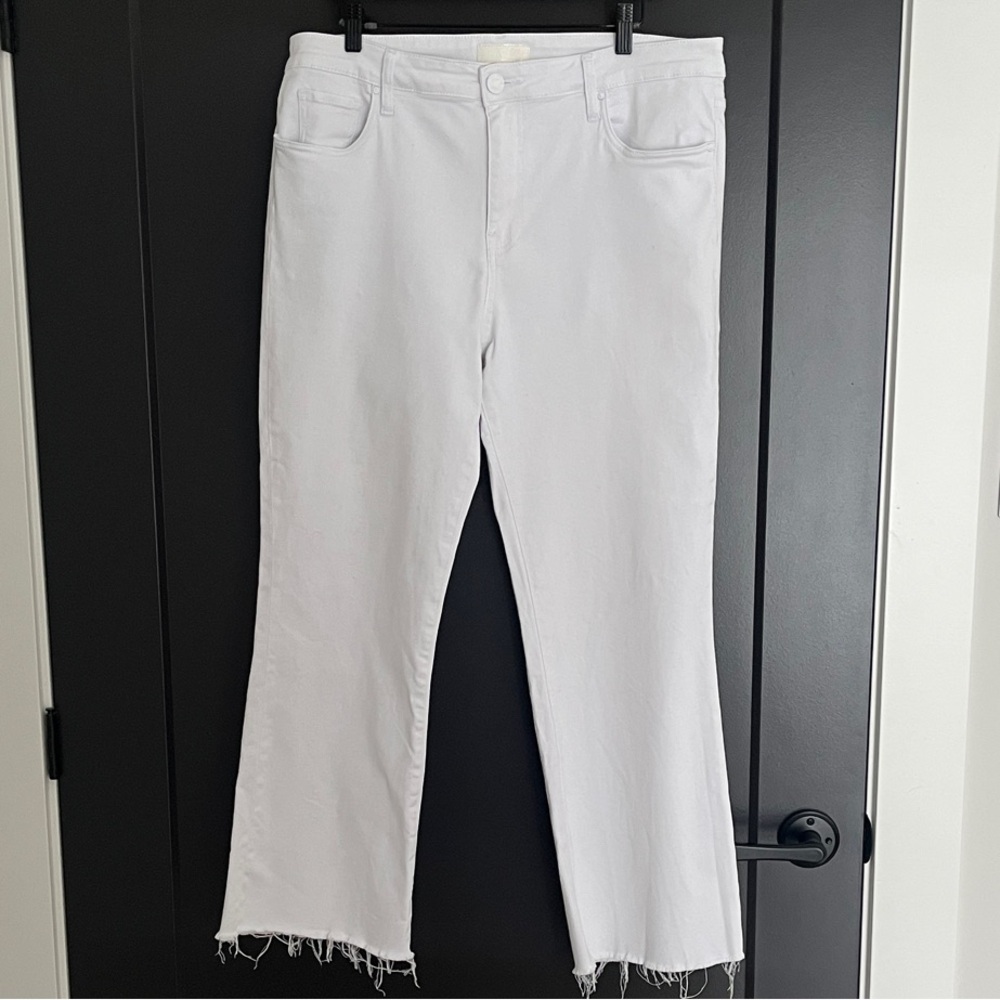 KUT High Rise White Flared Jeans with a Frayed Hem